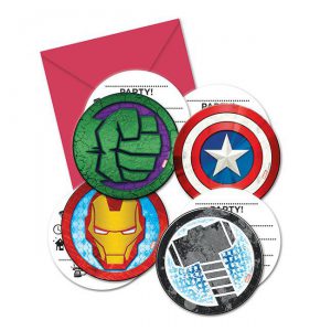 Runde Einladungskarten "Mächtige Avengers" mit Umschlag 6er Pack